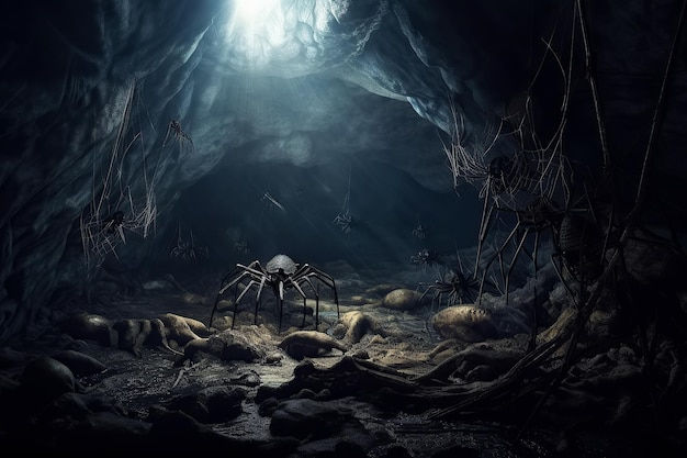 Wallpaper #9s7WJJMB71dOy6JZDRG3245 Premium AI Image Big Scary Monster Spiders in Spider Web in Cave at