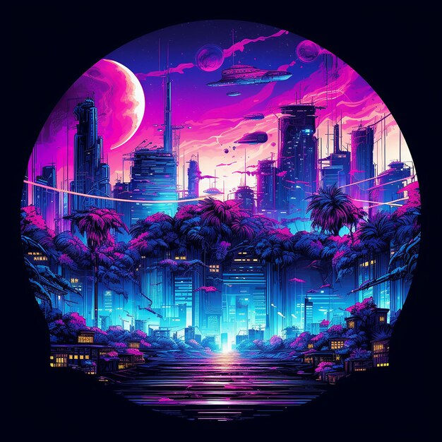 Wallpaper #v5yx4ZIBZHQxiYar0bzY250 Premium AI Image Cyberpunk Style City in Round Frame Neon