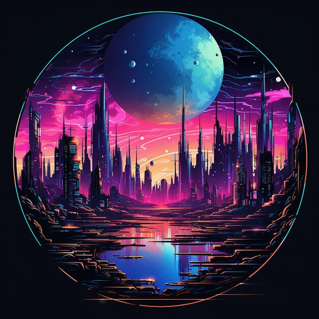 Wallpaper #v5yx4ZIBZHQxiYar0bzY304 Premium Photo Cyberpunk Style City in Round Frame Neon