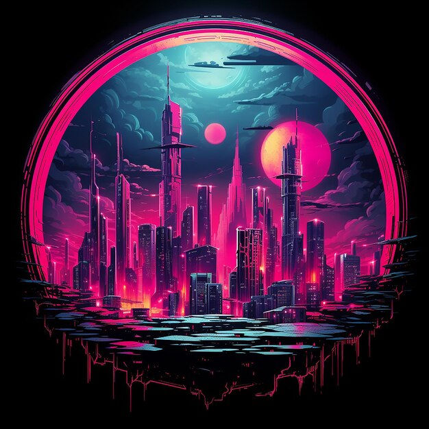 Wallpaper #v5yx4ZIBZHQxiYar0bzY272 Premium AI Image Cyberpunk Style City in Round Frame Neon