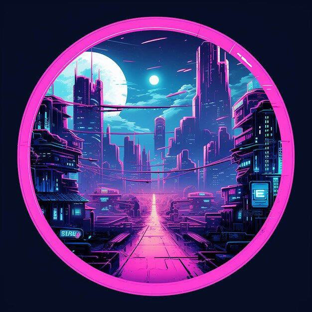 Wallpaper #v5yx4ZIBZHQxiYar0bzY294 Premium AI Image Cyberpunk Style City in Round Frame Neon