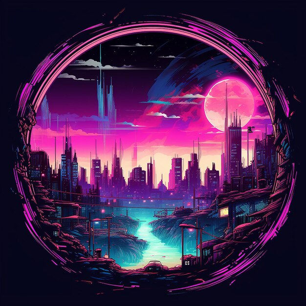 Wallpaper #v5yx4ZIBZHQxiYar0bzY252 Premium AI Image Cyberpunk Style City in Round Frame Neon