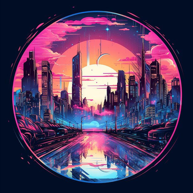 Wallpaper #v5yx4ZIBZHQxiYar0bzY255 Premium AI Image Cyberpunk Style City in Round Frame Neon