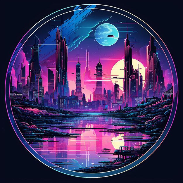 Wallpaper #v5yx4ZIBZHQxiYar0bzY254 Premium Photo Cyberpunk Style City in Round Frame Neon