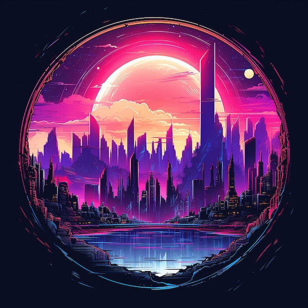 Wallpaper #v5yx4ZIBZHQxiYar0bzY293 Premium AI Image Cyberpunk Style City in Round Frame Neon