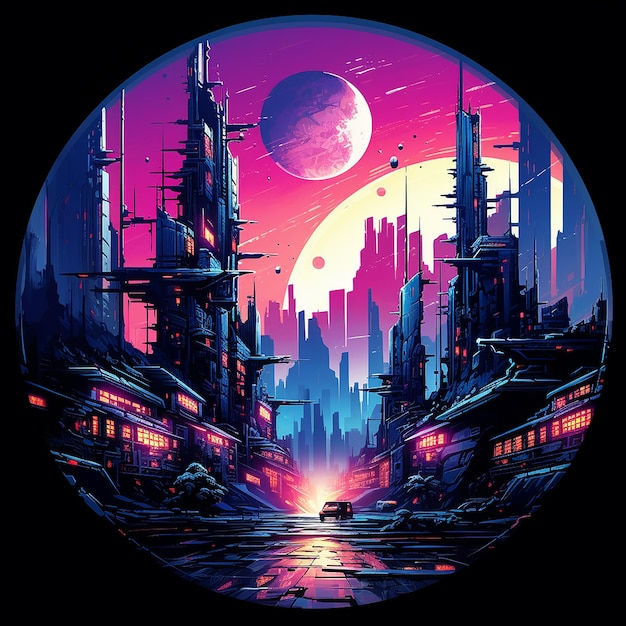 Wallpaper #v5yx4ZIBZHQxiYar0bzY256 Premium AI Image Cyberpunk Style City in Round Frame Neon