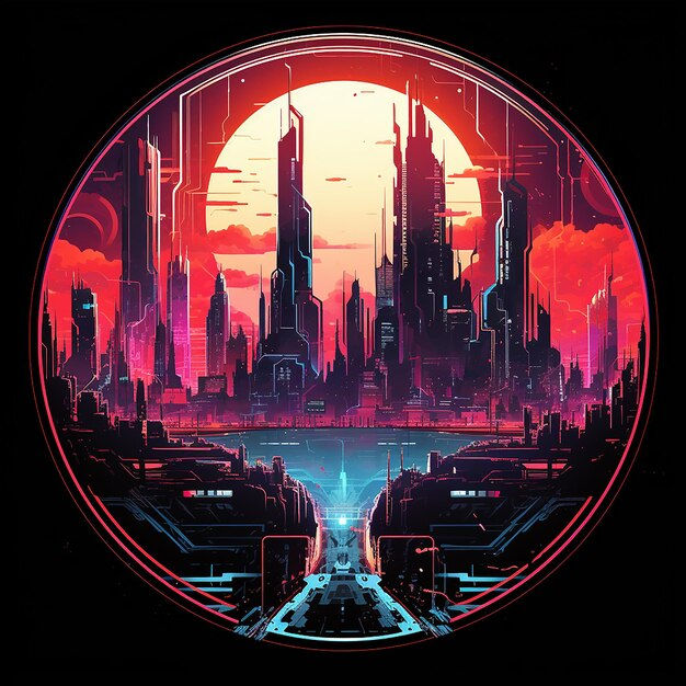 Wallpaper #v5yx4ZIBZHQxiYar0bzY181 Premium AI Image Cyberpunk Style City in Round Frame Neon