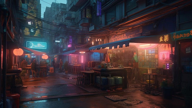 Wallpaper #0GgmGJMBSpphPi3-_xE1119 Premium AI Image a Cyberpunk Street Scene with a Neon Sign