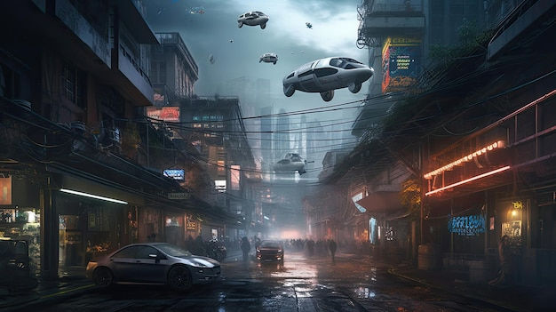 Wallpaper #0GgmGJMBSpphPi3-_xE140 Premium AI Image Cyberpunk Street Scene with Flying Cars