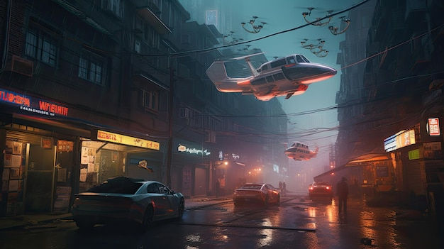 Wallpaper #0GgmGJMBSpphPi3-_xE174 Premium AI Image Cyberpunk Street Scene with Flying Cars