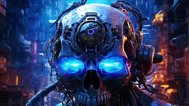 Wallpaper #pWinHpMBSpphPi3-rCnt136 Premium AI Image a Cyberpunk Skull Peripherals on Top of the Head