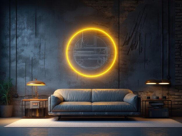 Wallpaper #EWc7-pIBSpphPi3-H5AG74 Premium AI Image Cyberpunk Interior Illuminated Living Room with