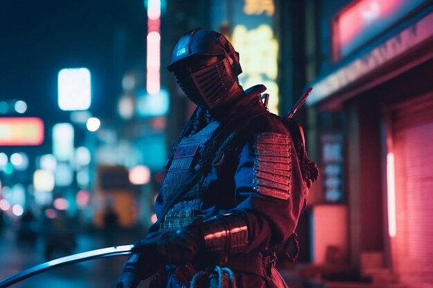 Wallpaper #9CYTmJcBNyflpn9r_YbF57 Premium AI Image Armed Samurai and Street with Blurred Neon Lights at