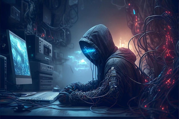 Wallpaper #zMYMM5MBVgN6TXj6RXfQ335 Hacker in a Dark Room with a Computer in the Background Premium AI