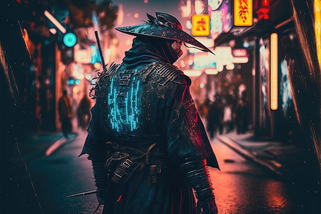 Wallpaper #aRa7MpMBygIvLWsIWpP276 Premium Photo Samurai in the Style of Cyberpunk with Blue Neon on the