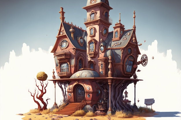 Wallpaper #FWcrDpMBSpphPi3-Remc7 Premium Photo Building of a Steampunk House in Illustration Solitary