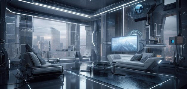 Wallpaper #EWc7-pIBSpphPi3-H5AG84 Premium AI Image a Room with a Couch and a TV That Sayscyberpunkon It