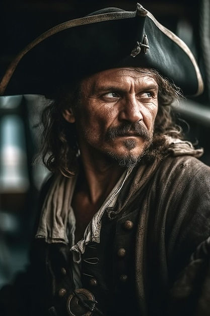Wallpaper #Kme2_JIBSpphPi3-FJlS197 Portrait of Pirate Corsair Captain in Costume and Hat on Medieval Ship
