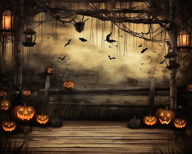 Wallpaper #2mdTDJMBSpphPi3-nt1P344 Premium AI Image a Halloween Scene with Pumpkins and Bats Hanging