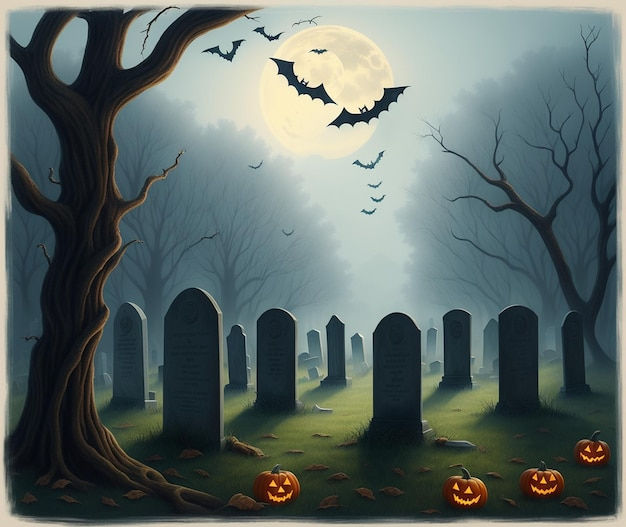 Wallpaper #2mdTDJMBSpphPi3-nt1P299 Premium AI Image a Halloween Scene with a Graveyard and Bats Hanging