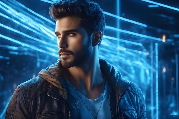 Wallpaper #K2dt95IBSpphPi3-a4aI201 Premium AI Image a Portrait of a Sci Fi Man with Blue Lights Visual