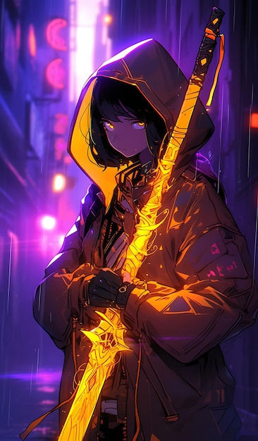 Wallpaper #Fe8FTZMBMN-XEVvVuT-n91 Premium AI Image Neno Cyberpunk Ninja Girl with Sword