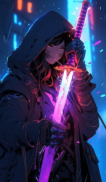Wallpaper #Fe8FTZMBMN-XEVvVuT-n65 Premium AI Image Neno Cyberpunk Ninja Girl with Sword