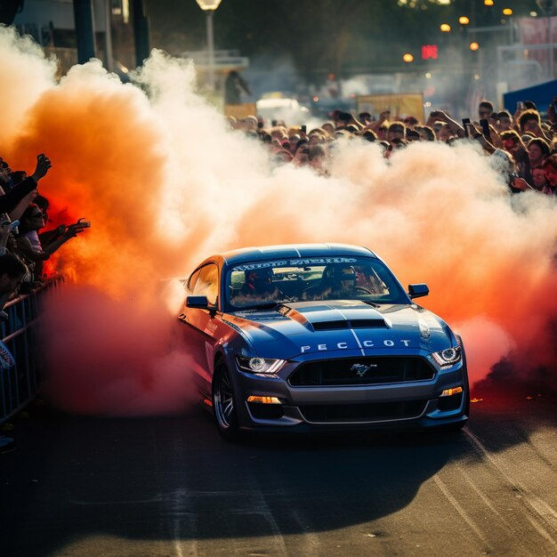 Wallpaper #9ho2UJMB1yWOL4qgrn_E319 Premium AI Image There is a Blue Mustang Car with a Lot of Smoke