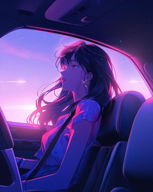 Wallpaper #PmdGDZMBSpphPi3-uuTO292 Premium AI Image Anime Girl in Car with Pink Sky and Clouds in