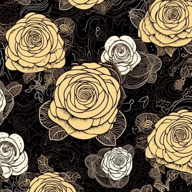 Wallpaper #Hx38KZMBlOZrFDOkzsOQ58 Premium AI Image a Black and Yellow Rose Pattern with Leaves and