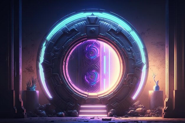 Wallpaper #TzGVNZMB5zzyi_yYJ1cv118 Premium AI Image High Tech Fantasy Round Portal Neon Light