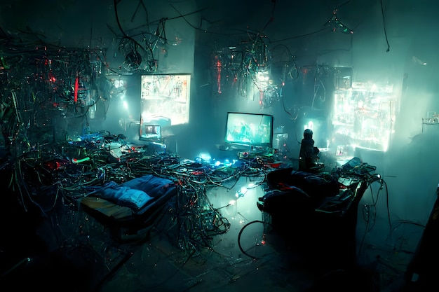 Wallpaper #Ac5qJZMB71dOy6JZZxRn269 Premium Photo Messy Cyberpunk Hacker Hideoutwith Cyan Christmas