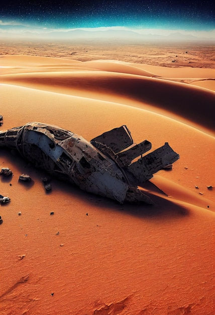 Wallpaper #72cWC5MBSpphPi3-c9dk252 Premium Photo Crashed Spaceship in Desert Land of Another Planet 3D