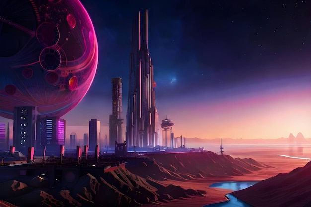 Wallpaper #fc5CJZMB71dOy6JZPRMx44 Premium AI Image Cyberpunk Neon Space Colony Near the Orbit of