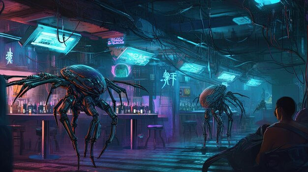 Wallpaper #C2hEFpMBSpphPi3-uguN98 Premium AI Image a Cyberpunk Nightclub with Robotic Scorpions as