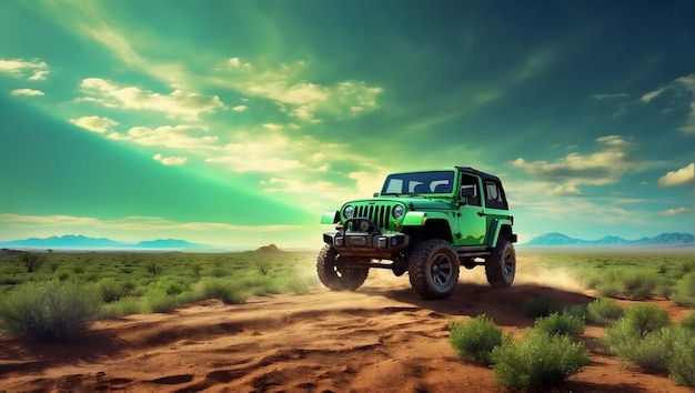 Wallpaper #0518M5MBgczKmuyafvRb368 Premium AI Image Green Jeep Pickup Truck Driving Through a Vast