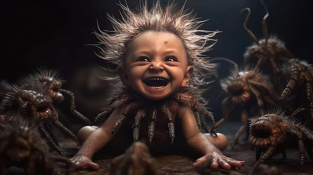 Wallpaper #R_S4OZMBKFX8bn3rxndT407 Premium AI Image a Child with a Spiky Hair and a Spider Face