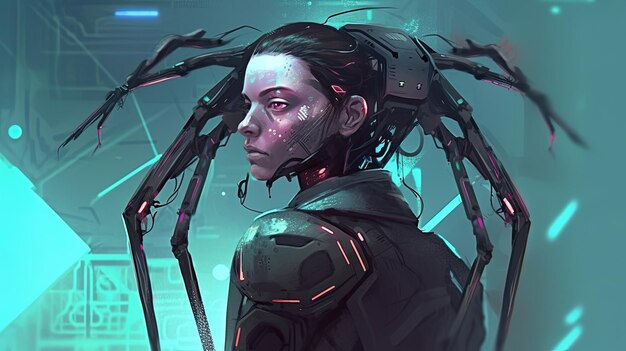 Wallpaper #9mdFCpMBSpphPi3-NNO0265 Premium AI Image a Cyborg with a Robotic Spider Crawling on Their