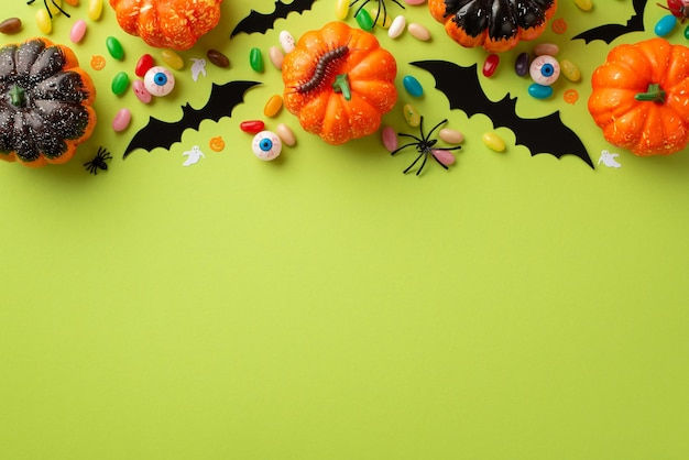 Wallpaper #SfS5OZMBKFX8bn3rL3dx298 Premium Photo Halloween Concept Top View Photo of Pumpkins Candies