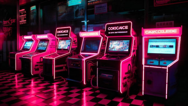 Wallpaper #wme0-pIBSpphPi3-CpFu51 Premium Photo Five Neon Arcade Machines on a Checked Background