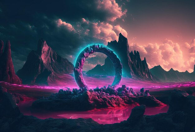 Wallpaper #3WgGIJMBSpphPi3-UCyv46 Premium Photo Fantastic Mountain Scenery with a Round Neon Portal