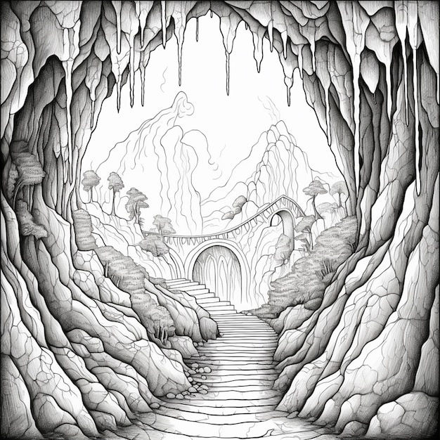 Wallpaper #6lZ8eJcBsd6xcFiEm9rx148 Premium Photo a Drawing of a Cave with Stairs Leading to a Waterfall
