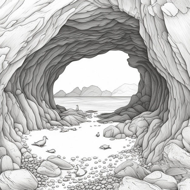 Wallpaper #6lZ8eJcBsd6xcFiEm9rx114 Premium Photo a Drawing of a Cave with a Line of Rocks and Seaweed