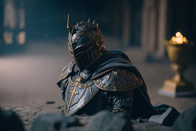 Wallpaper #uAMlZJMBpyOg8YnEhtaE65 Premium AI Image a Knight in a Dark Armor with a Cape and Cape Stands