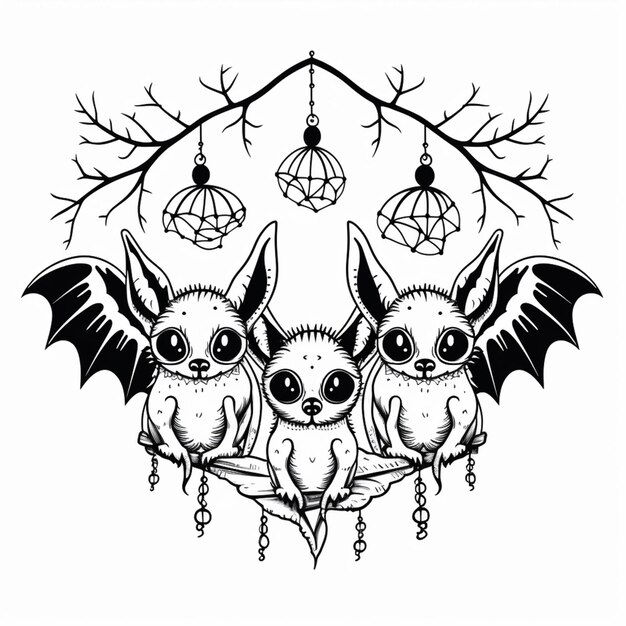 Wallpaper #2mdTDJMBSpphPi3-nt1P202 Premium AI Image a Black and White Drawing of Three Bats Hanging from