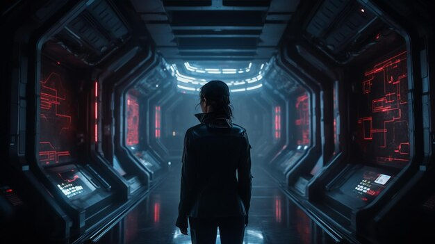 Wallpaper #K2dt95IBSpphPi3-a4aI305 Premium Photo Arafed View of a Man Standing in a Sci Fi Corridor