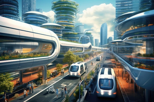 Wallpaper #xqU8MpMB0vj5YdARJtON68 Premium AI Image Futuristic City with Two Trains on Tracks the Future