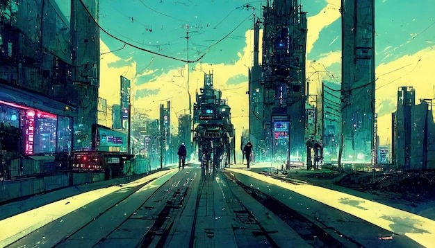 Wallpaper #RFjoM5MBzN9vxX340ToL252 Premium AI Image Futuristic Cyberpunk Landscape in Comic Manga Style