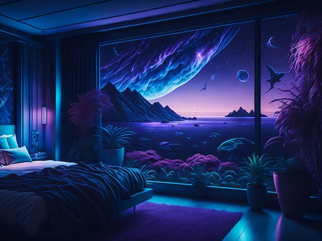 Wallpaper #EQM-YpMBpyOg8YnEZtLb225 Premium AI Image Futuristic Interior Room with Open View in