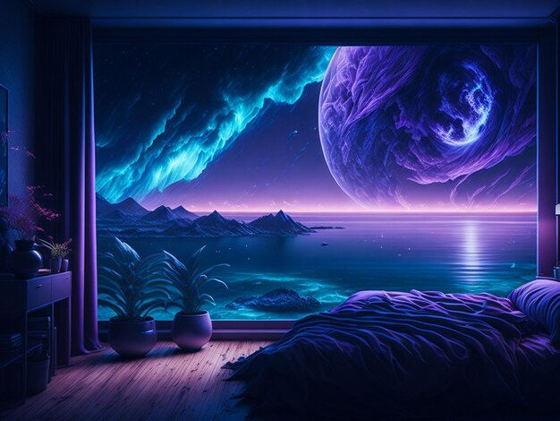 Wallpaper #EQM-YpMBpyOg8YnEZtLb255 Premium AI Image Futuristic Interior Room with Open View in